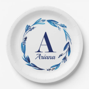 Assiettes En Carton Monogramme floral bleu 'A'