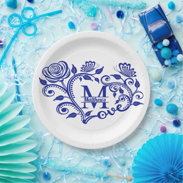 Assiettes En Carton Monogramme floral bleu marine personnalisé M (Fête)