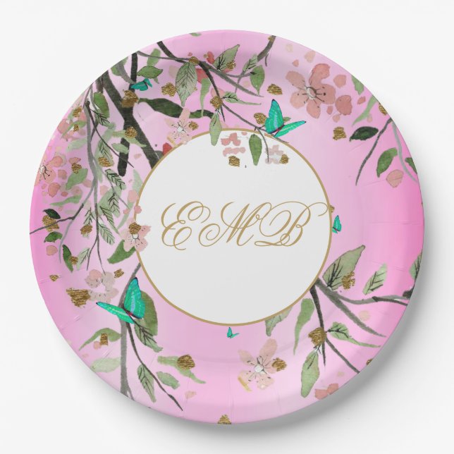 Assiettes En Carton Monogramme Floral Chic Rose Élégant Or Anniversair (Devant)