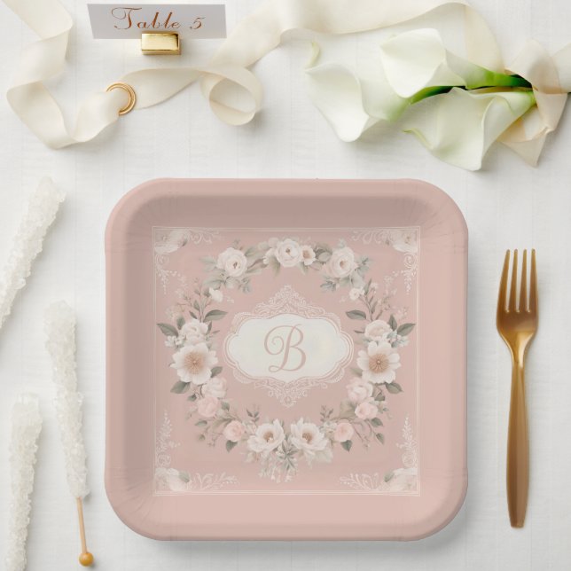 Assiettes En Carton Monogramme floral de Boho rose (Mariage)
