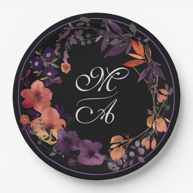 Assiettes En Carton Monogramme floral foncé Goth Mariage plaque de pap (Devant)