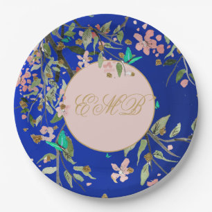 Assiettes En Carton Monogramme Floral Navy rose Elegant Or Anniversair