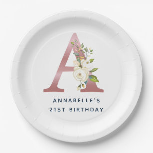 Assiettes En Carton Monogramme floral or rose Initial 21e anniversair