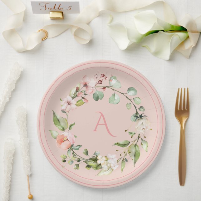 Assiettes En Carton Monogramme floral rose pâle Mariage Papier élégant (Mariage)