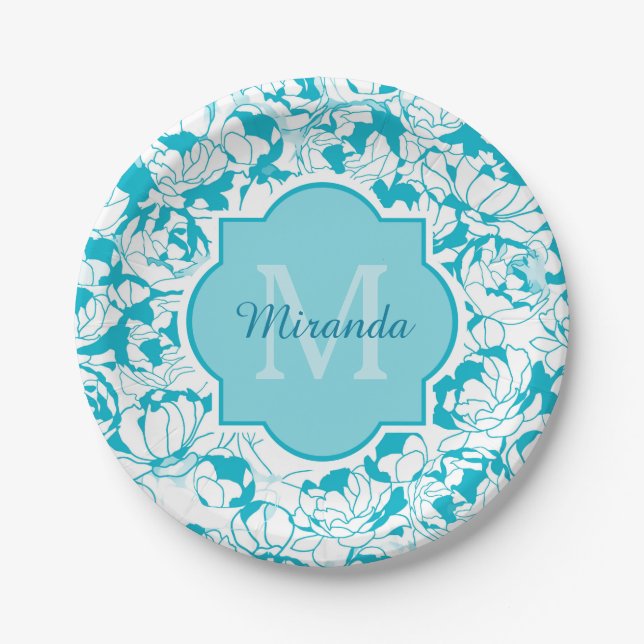 Assiettes En Carton Monogramme Floral Turquoise Moderne Avec Nom (Devant)