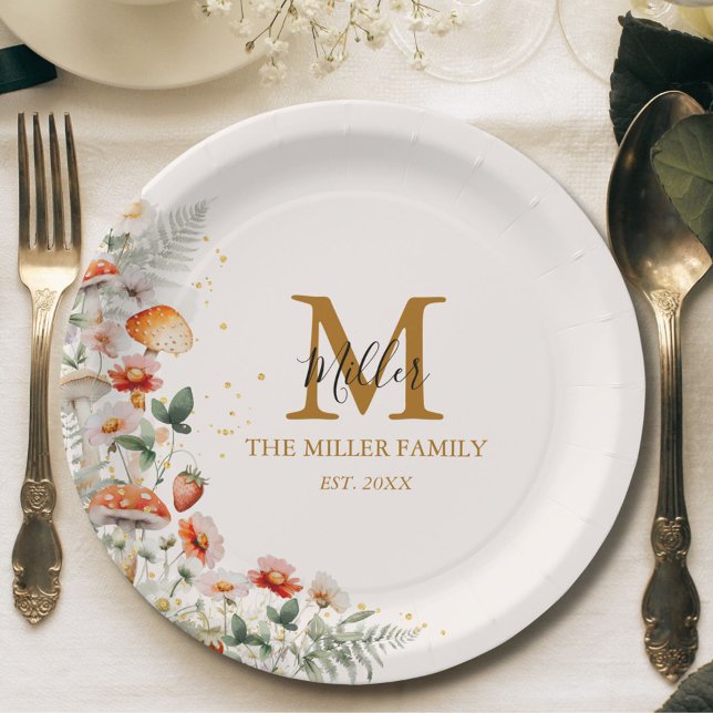 Assiettes En Carton Monogramme Forêt Champignons Fleurs Florales botan (In situ)