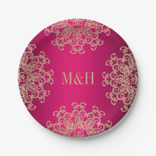 Assiettes En Carton Monogramme Fuchsia et Mariage de style indien or