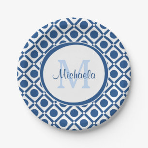Assiettes En Carton Monogramme géométrique bleu et blanc moderne avec 