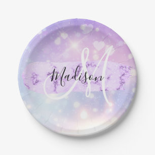 Assiettes En Carton Monogramme Girly Sparkly Unicorn Rainbow Heart