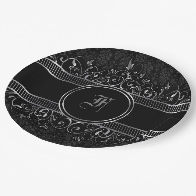 Assiettes En Carton Monogramme gothique orné noir et argent (Angle)