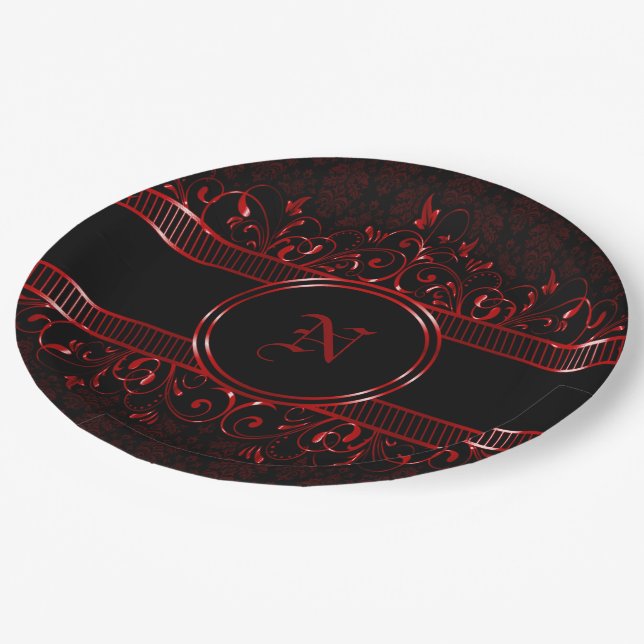 Assiettes En Carton Monogramme gothique orné noir et rouge (Angle)