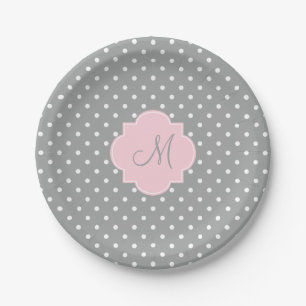 Assiettes En Carton Monogramme Gris, Blanc et Pastel Pink Polka Dot