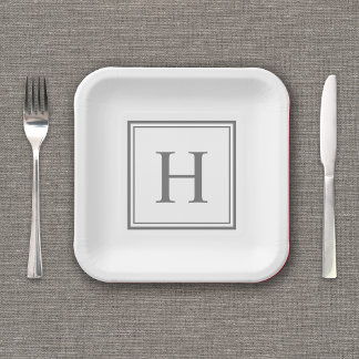 Assiettes En Carton Monogramme gris simple sur blanc