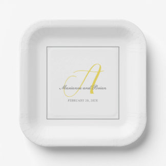Assiettes En Carton Monogramme illuminant jaune, gris avec blanc