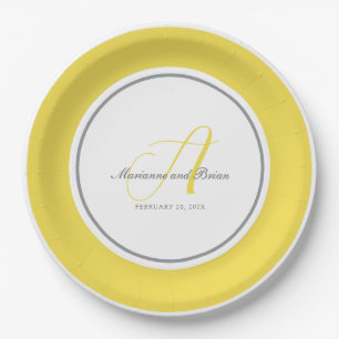 Assiettes En Carton Monogramme illuminant jaune, gris avec blanc