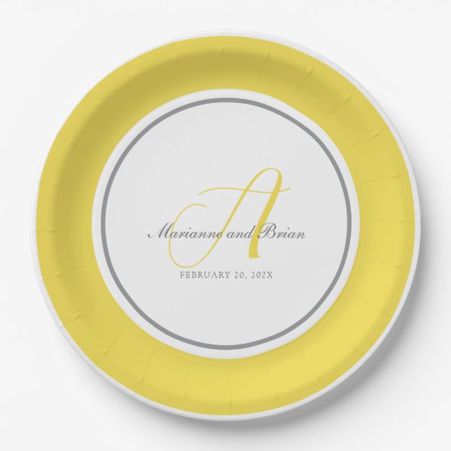 Assiettes En Carton Monogramme illuminant jaune, gris avec blanc (Devant)