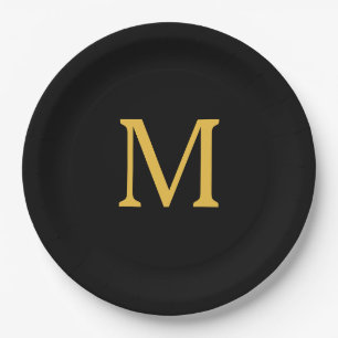 Assiettes En Carton Monogramme initial Gold Golden Black Nom personnal