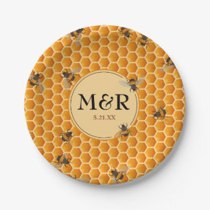 Assiettes En Carton Monogramme Initiales Honeypeb Bees Gold