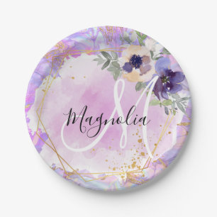 Assiettes En Carton Monogramme Marbre Arc-en-ciel Violet, Rose & Or
