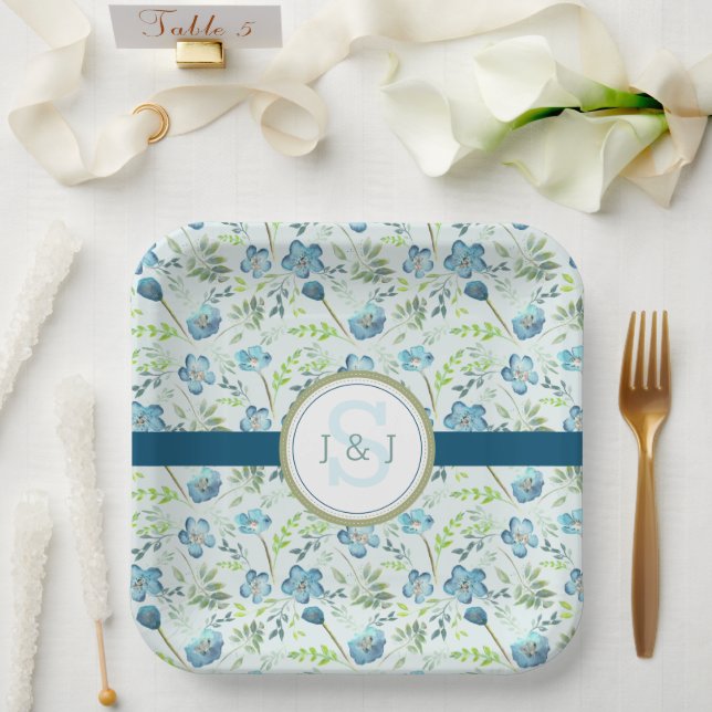 Assiettes En Carton Monogramme Mariage Boho bleu aquarelle Floral (Mariage)