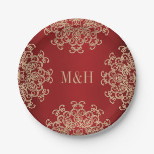 Assiettes En Carton Monogramme Mariage de style indien rouge et or
