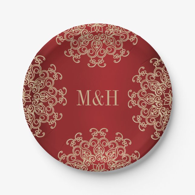 Assiettes En Carton Monogramme Mariage de style indien rouge et or (Devant)
