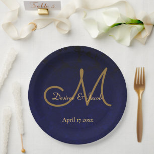 Assiettes En Carton Monogramme Mariage floral bleu foncé Marine
