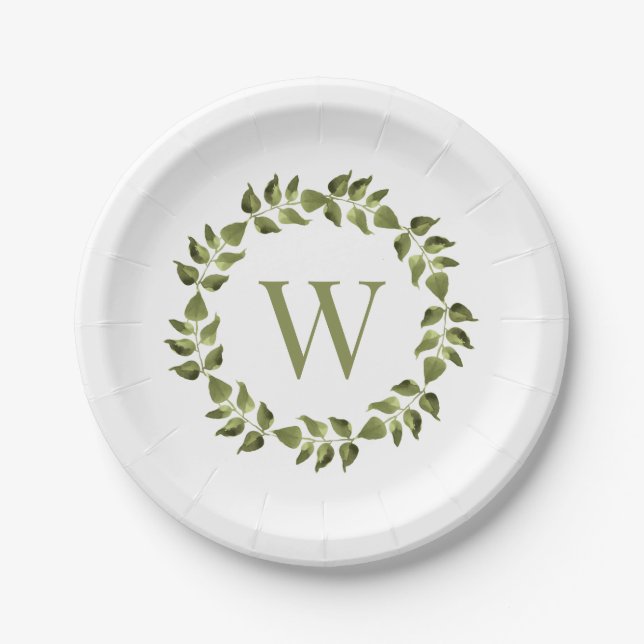 Assiettes En Carton Monogramme Mariage initial Botanique verte Wreath (Devant)