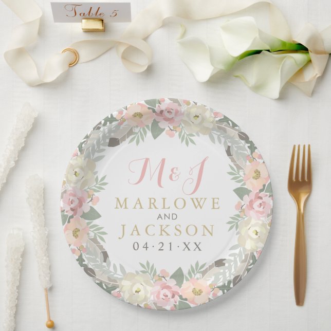 Assiettes En Carton Monogramme Mariage rose et or Floral Boho (Mariage)