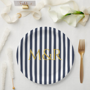 Assiettes En Carton Monogramme Marine Bleu rayures Anniversaire rayé