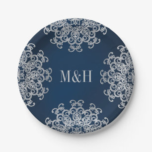 Assiettes En Carton Monogramme Marine et Mariage de style indien argen