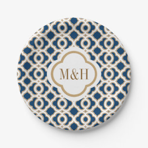 Assiettes En Carton Monogramme Marine et Mariage d'or marocain