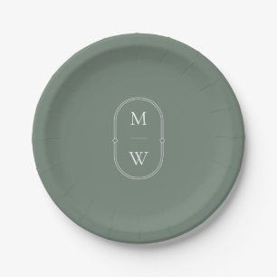 Assiettes En Carton Monogramme minimaliste Mariage vert