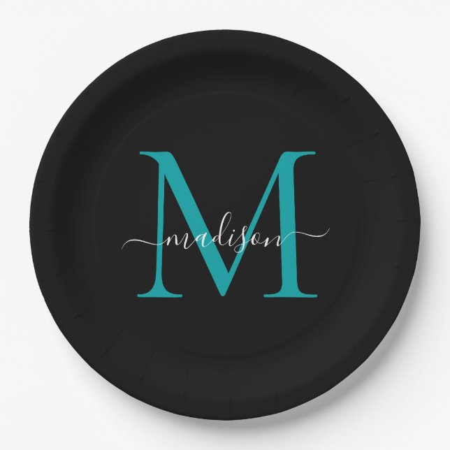 Assiettes En Carton Monogramme Moderne Écriture Nom Noir Vert Sarcelle (Devant)