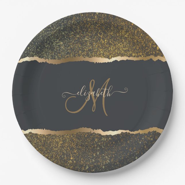 Assiettes En Carton Monogramme moderne Elegant Gold Touch (Devant)