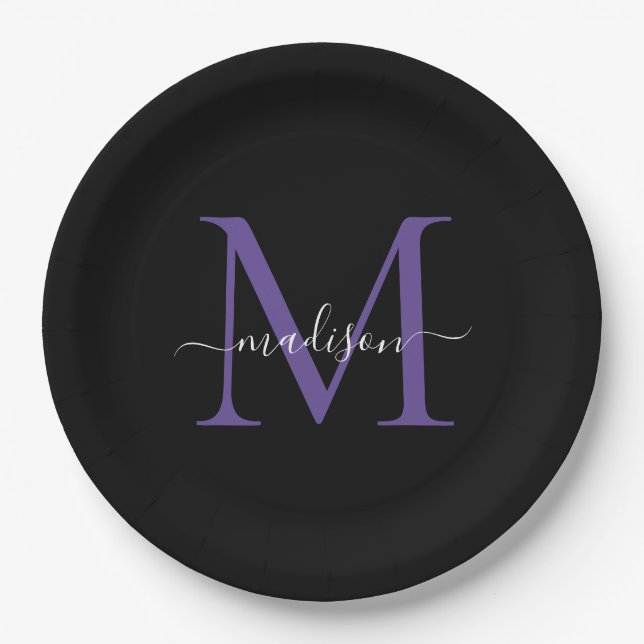 Assiettes En Carton Monogramme Moderne Élégant Violet Pourpre Script (Devant)