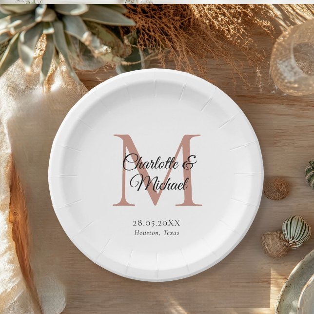 Assiettes En Carton Monogramme moderne minimal (Monogram Modern Minimal Wedding Paper Plates with your names and date.)