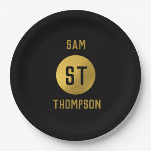 Assiettes En Carton Monogramme moderne noir & or élégant personnalisé