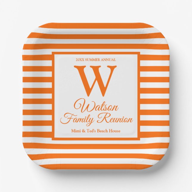 Assiettes En Carton Monogramme moderne Orange Stripes Famille Réunion (Recto)
