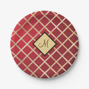 Assiettes En Carton Monogramme Motif géométrique Diamant Or Rouge
