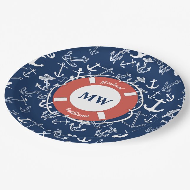 Assiettes En Carton Monogramme nautique Ancre bleu marine Motif (Angle)