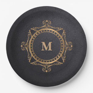 Assiettes En Carton Monogramme noir de mandala décoratif de luxe