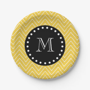 Assiettes En Carton Monogramme noir jaune du motif de Chevron