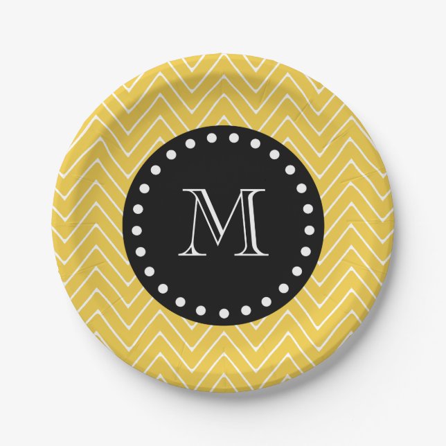 Assiettes En Carton Monogramme noir jaune du motif | de Chevron (Devant)