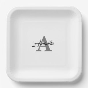 Assiettes En Carton Monogramme Nom personnalisé initial Gris Blanc Élé