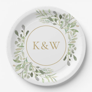 Assiettes En Carton Monogramme Or Eucalyptus Vert
