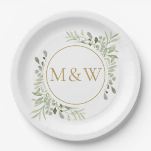 Assiettes En Carton Monogramme Or Initiales Aquarelle Verdure Foliage