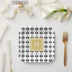 Assiettes En Carton Monogramme or noir blanc arlequin motif