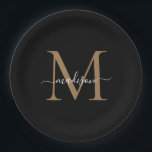 Assiettes En Carton Monogramme Or Noir Classique Nom De Script Moderne<br><div class="desc">Assiette En Papier Nom De Script Féminin Moderne Monogramme Or Noir Simple</div>