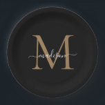 Assiettes En Carton Monogramme Or Noir Classique Nom De Script Moderne<br><div class="desc">Assiette En Papier Nom De Script Féminin Moderne Monogramme Or Noir Simple</div>